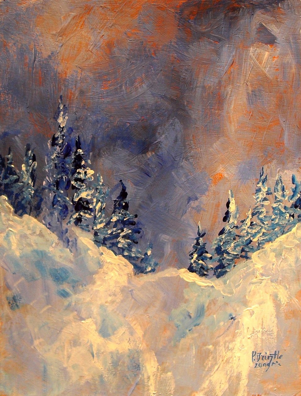 Mist on the Snow Peak, 2009, (akryl på tre) av Patricia Brintle