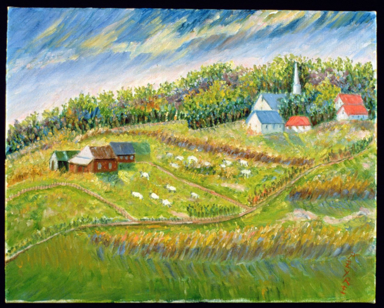 Gård med sauer, Les Eboulement (olje på belgisk lin) av Patricia Contemporary Artist Eyre