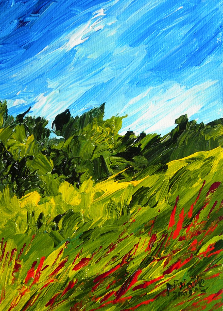 En spasertur i Puilboro, 2009 (akryl på artistboard) av Patricia Brintle