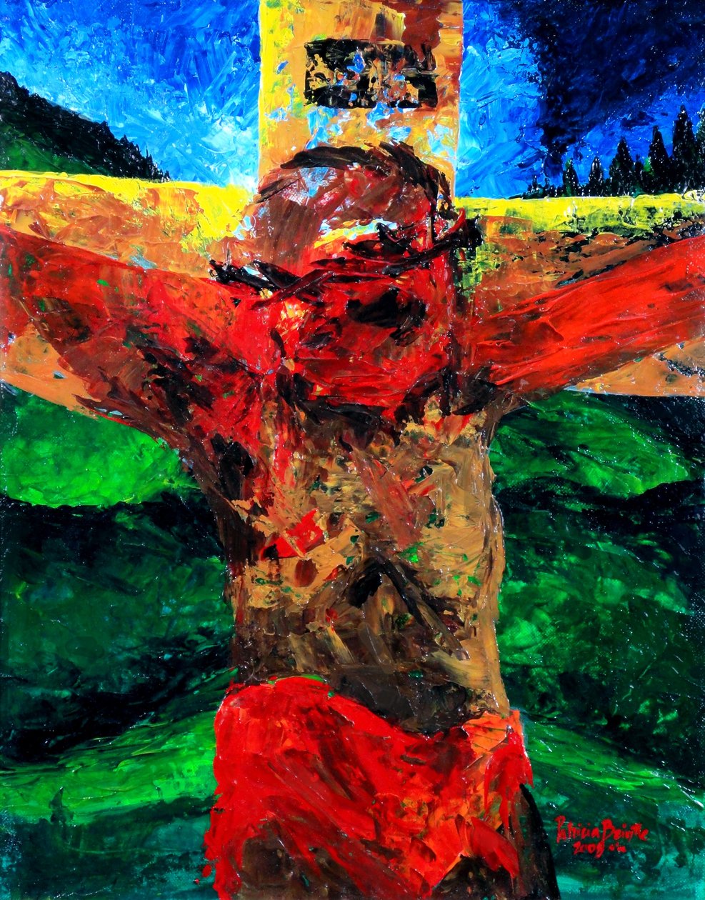 Korsfestelse - den er ferdig, 2009 (akryl på lerret) av Patricia Brintle