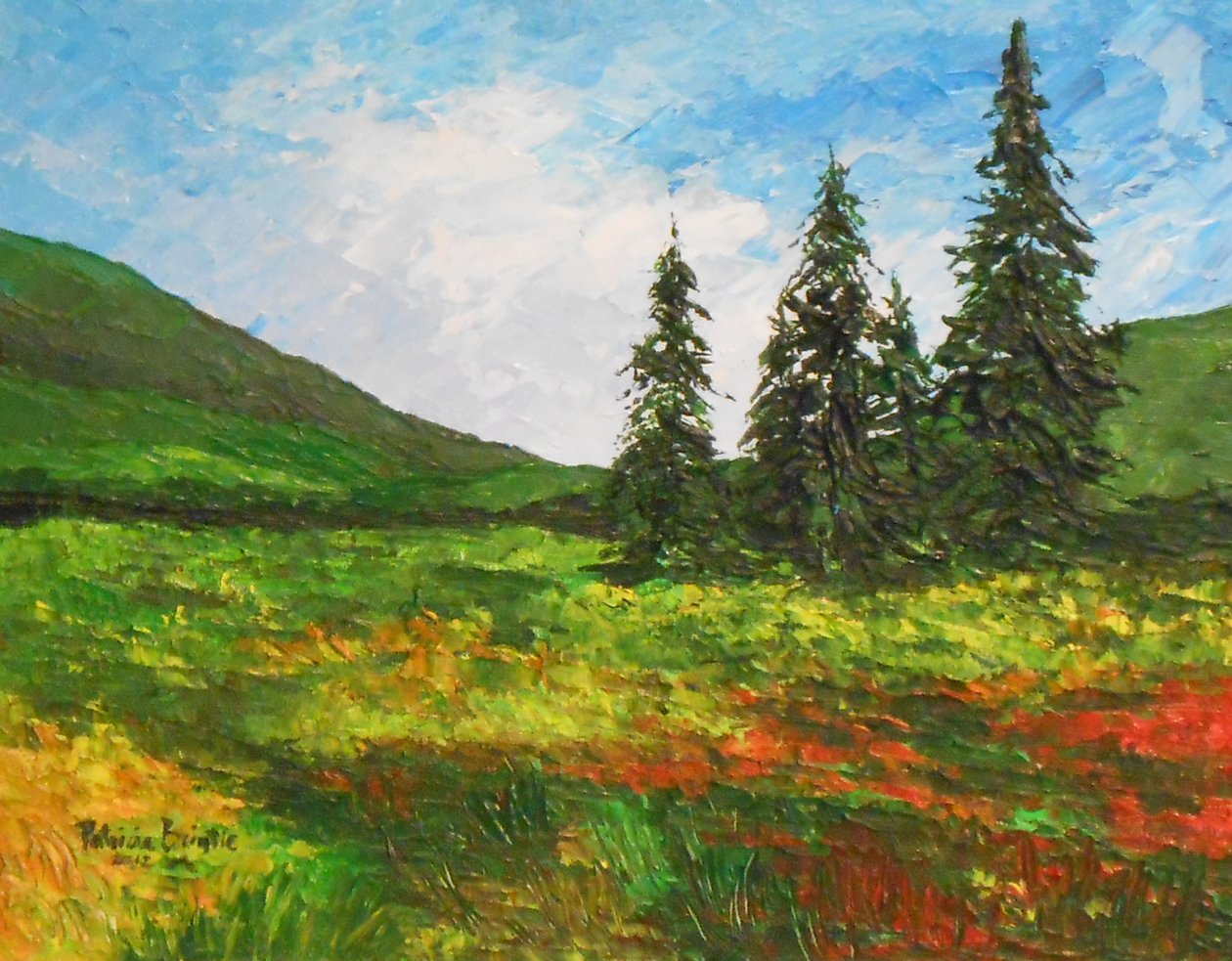 Nedover dalen, 2012 (akryl på artistboard) av Patricia Brintle