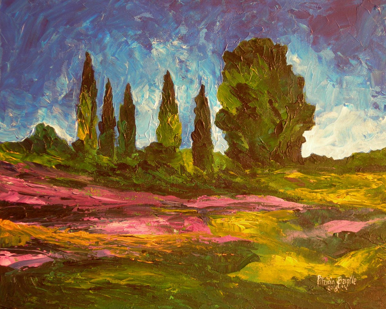 Lavendel blomstrer, 2009 (akryl på lerret) av Patricia Brintle