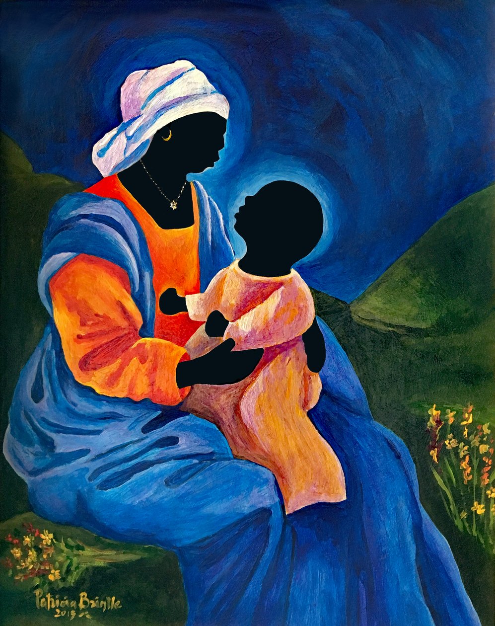 Madonna og barn plukker blomster, 2018 (akryl på masonitt) av Patricia Brintle