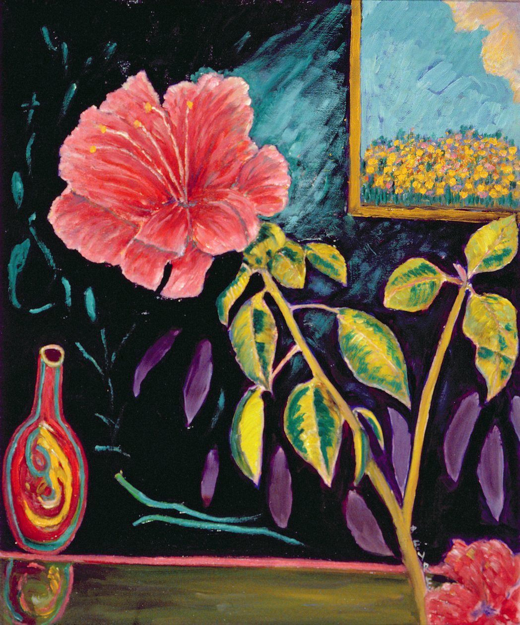 Hibiskus med vase (olje på lin) av Patricia Contemporary Artist Eyre