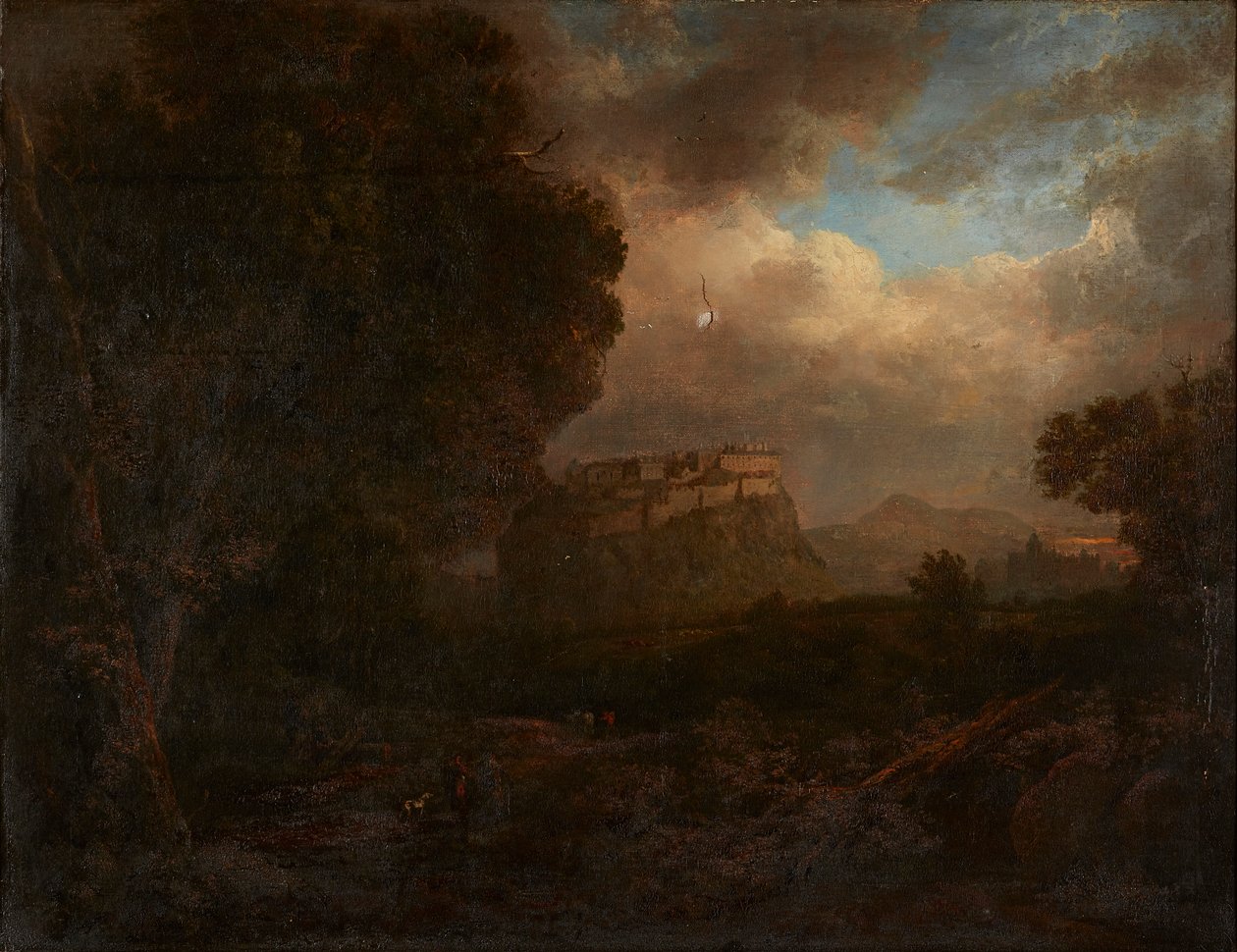 Fjern utsikt over Edinburgh, med reisende i forgrunnen (olje på lerret) av Patrick (attr.to) Nasmyth