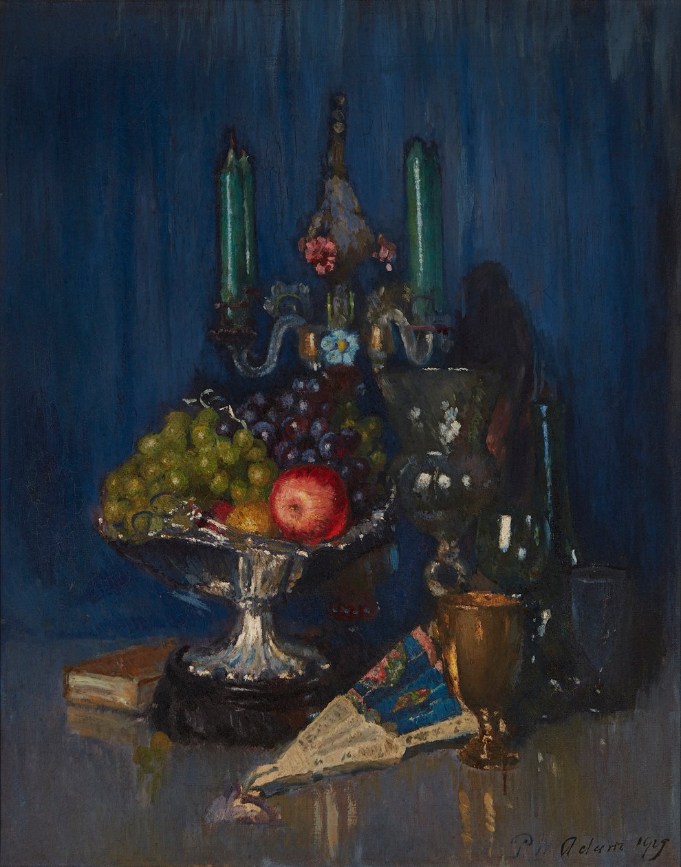 Et stilleben av frukt og gjenstander på en bordplate (olje på lerret) av Patrick William Adam
