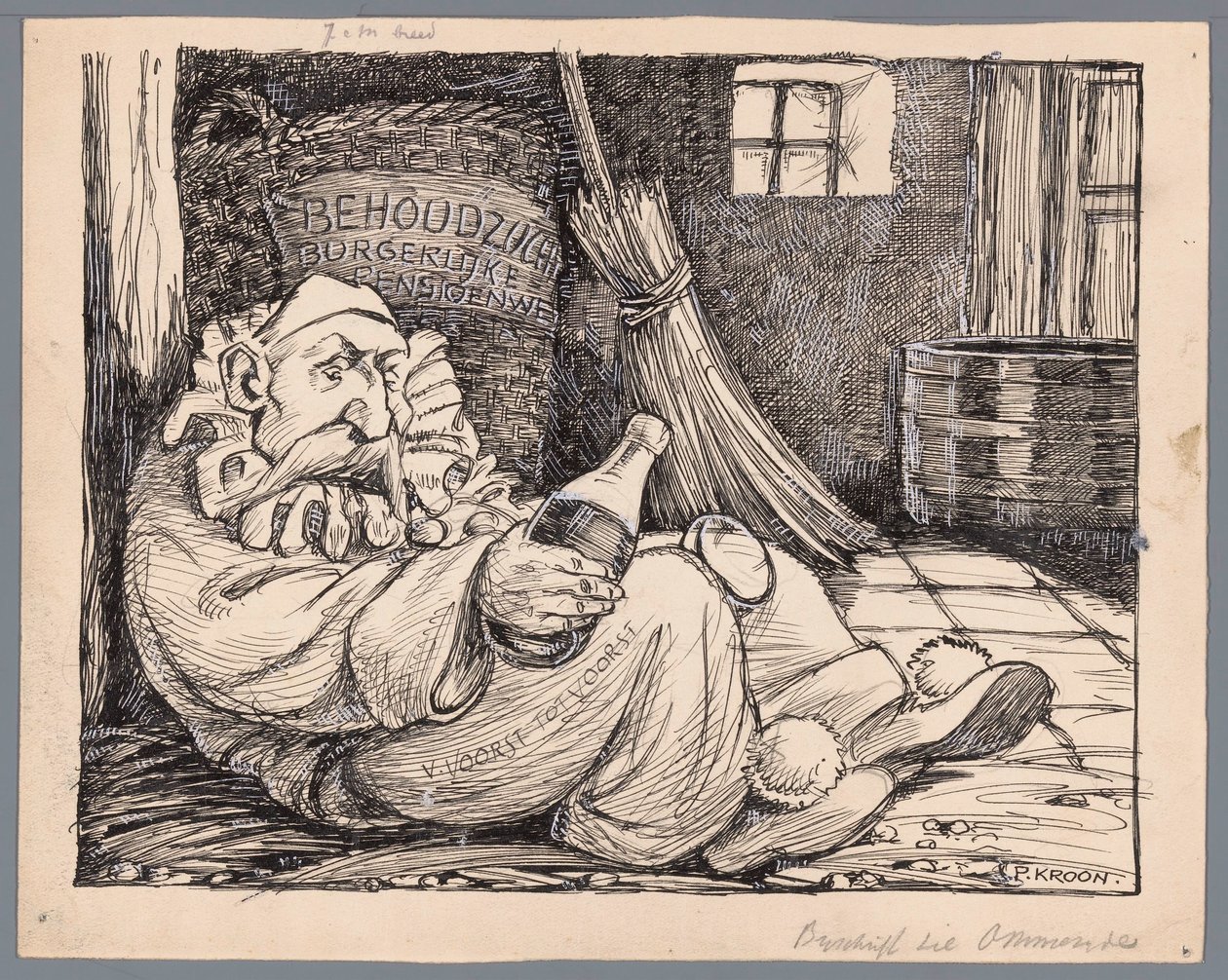 Baron van Voorst tot Voorst som karnevalsgjenger Karneval, eller de avskjedigede sivile pensjonslovene (tittel på objekt) av Patricq Kroon (signed by artist)