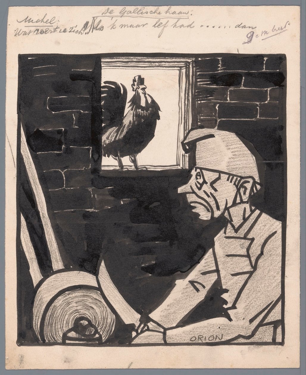 Mannen skjerper kniv mens fransk hane galer Den galliske hanen (tittel på objekt) av Patricq Kroon (signed by artist)