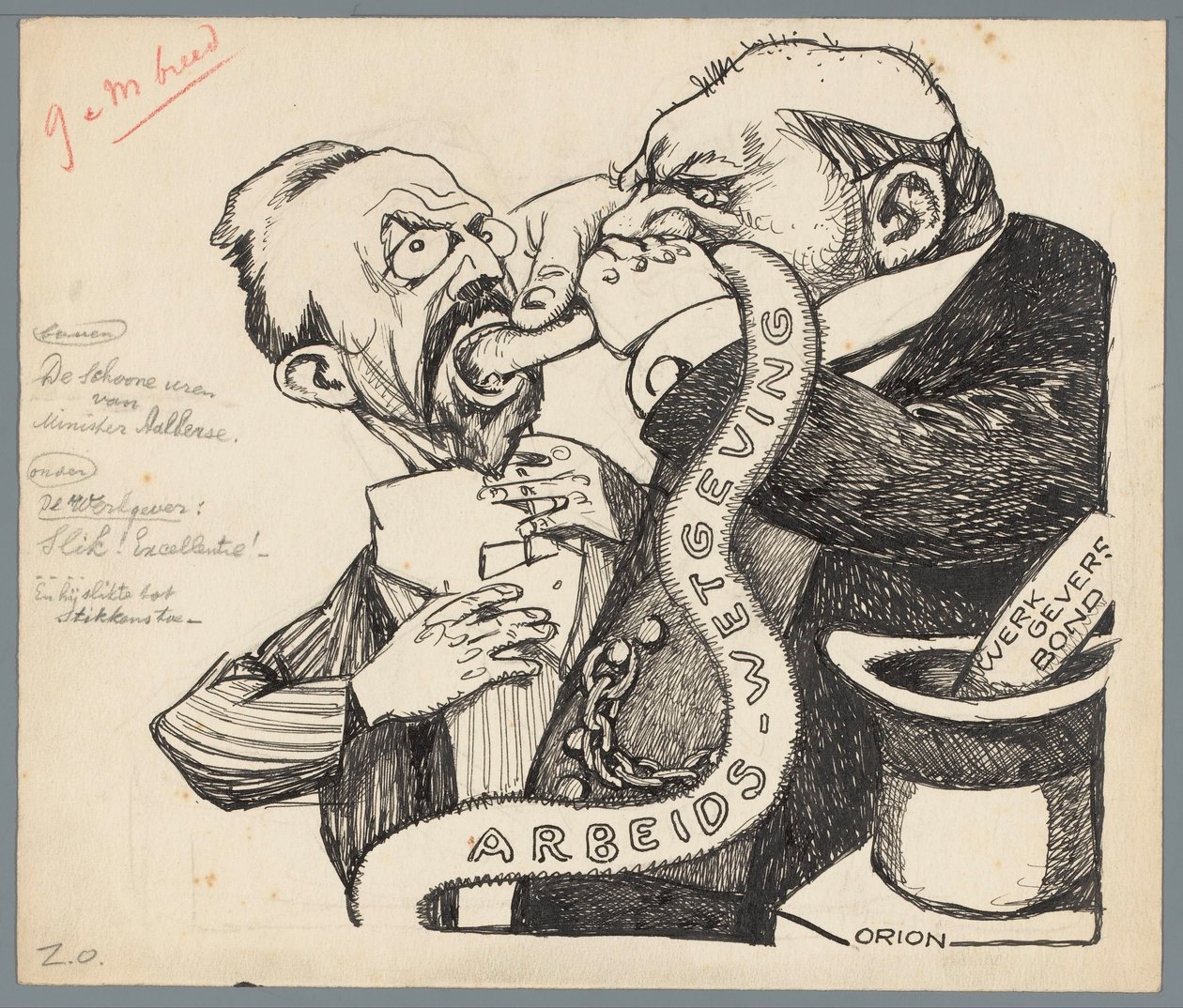 Statsråd Aalberse og arbeidsgiver Minister Aalberses rene fjær (tittel på objekt) av Patricq Kroon (signed by artist)