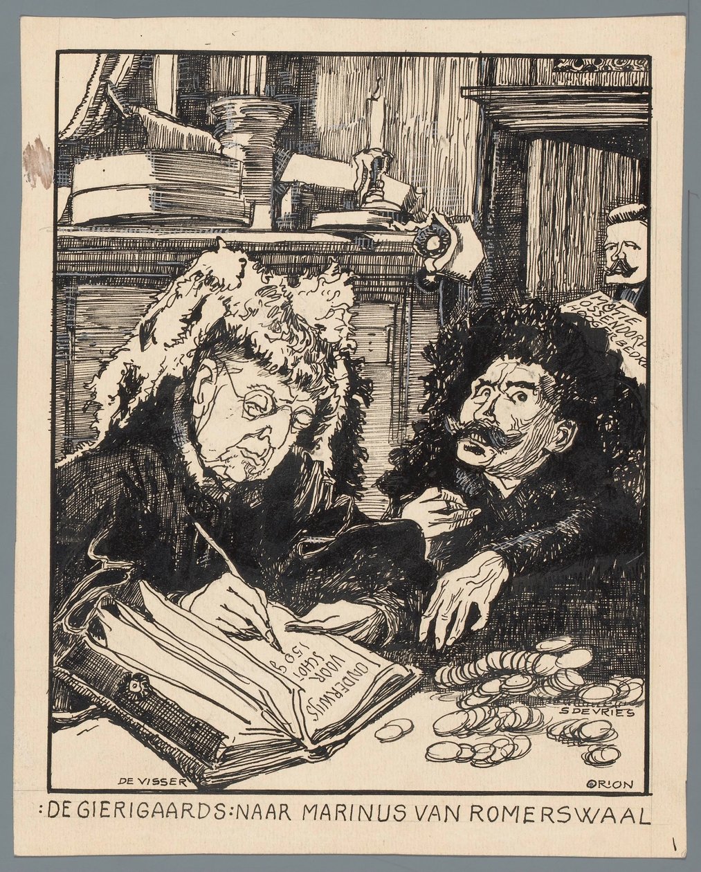Ministrene De Visser og Simon de Vries som skatteoppkreverne The Misers: etter Marinus van Romerwaal (tittel på objekt) av Patricq Kroon (signed by artist)