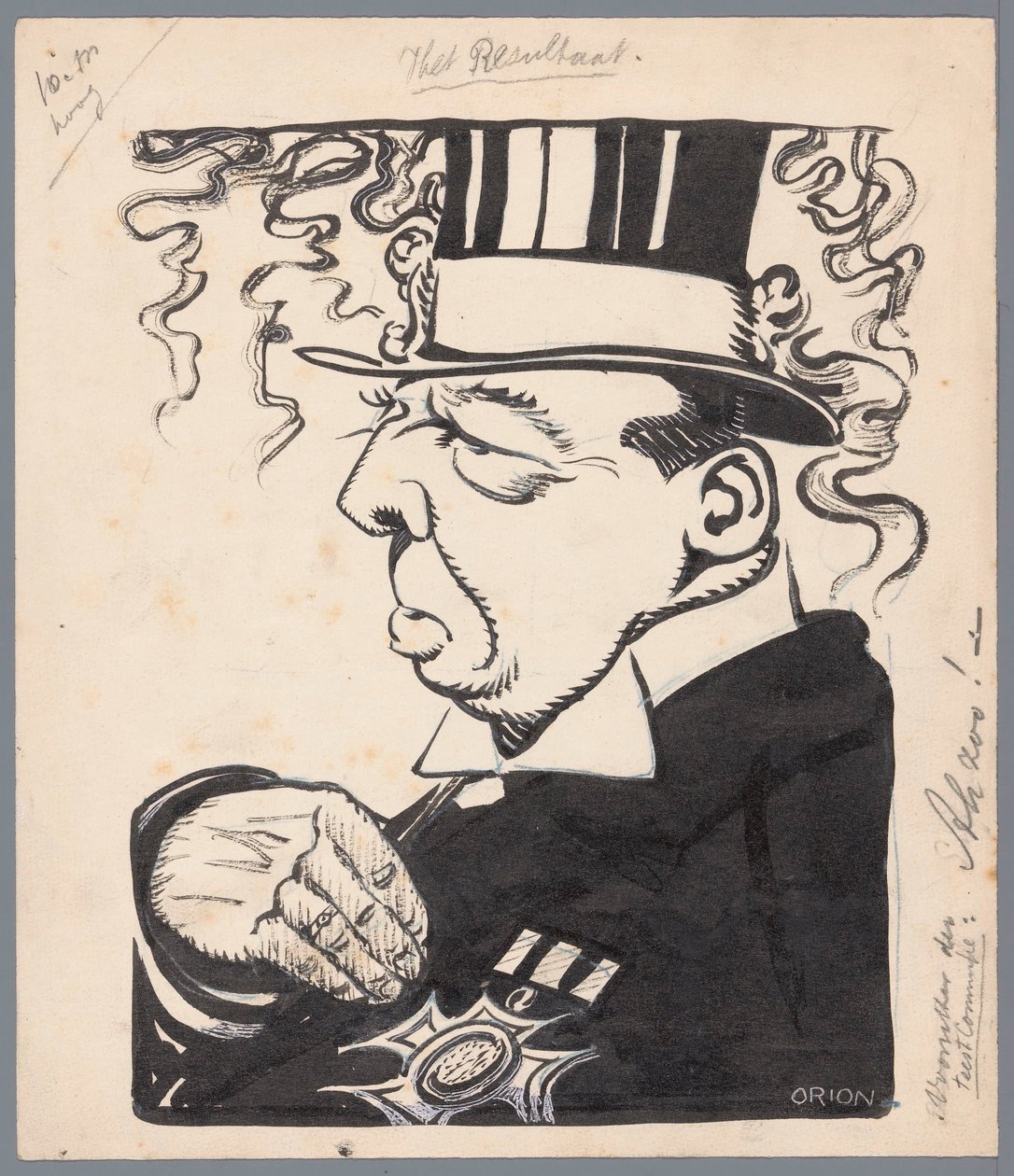 Politiker med topplue og pris på brystet Resultatet (tittel på objekt) av Patricq Kroon (signed by artist)