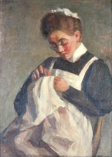 The Sewing Maid (olje på lerret) av Patti Mayor