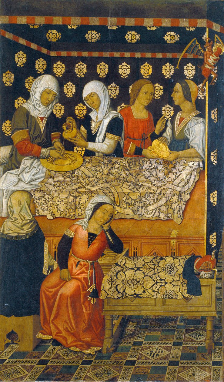 Fødselen til Saint Stephen - The Birth of Saint Stephen - Maleri av Vergos-familien (aktiv sent på 1400-tallet) - ca. 1495 - Tempera på panel - 200x123,2 - Museu Nacional d
