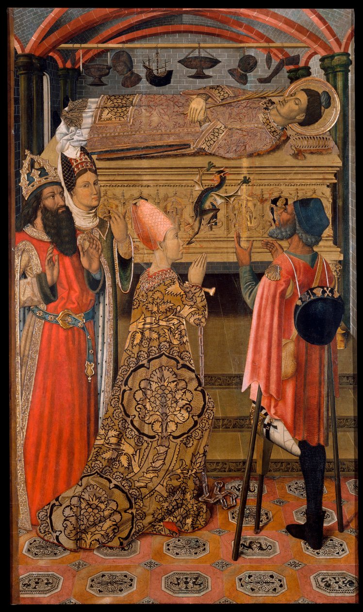 Prinsesse Eudocia (Eudoxie) (408-460) før graven til Saint Stephen - Prinsesse Eudoxia før graven til Saint Stephen - Maleri av Vergos-familien (aktivt sent på 1400-tallet) - ca. 1495 - Tempera på panel - 192,3x114 - Museu Nacional d