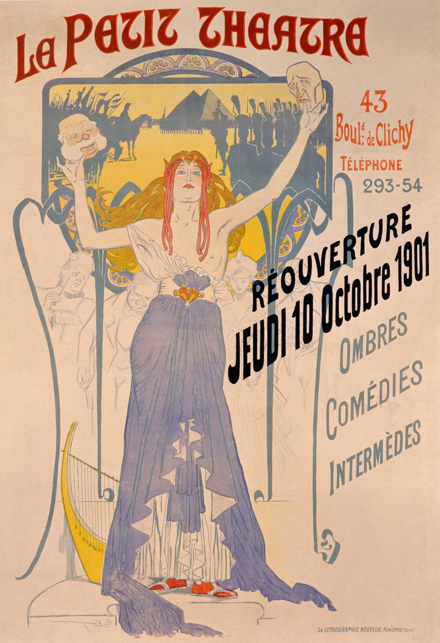 Plakat som reklamerer for gjenåpningen 10. oktober av Le Petit Theatre, Boulevard Clichy, Paris, 1901 av Paul Balluriau
