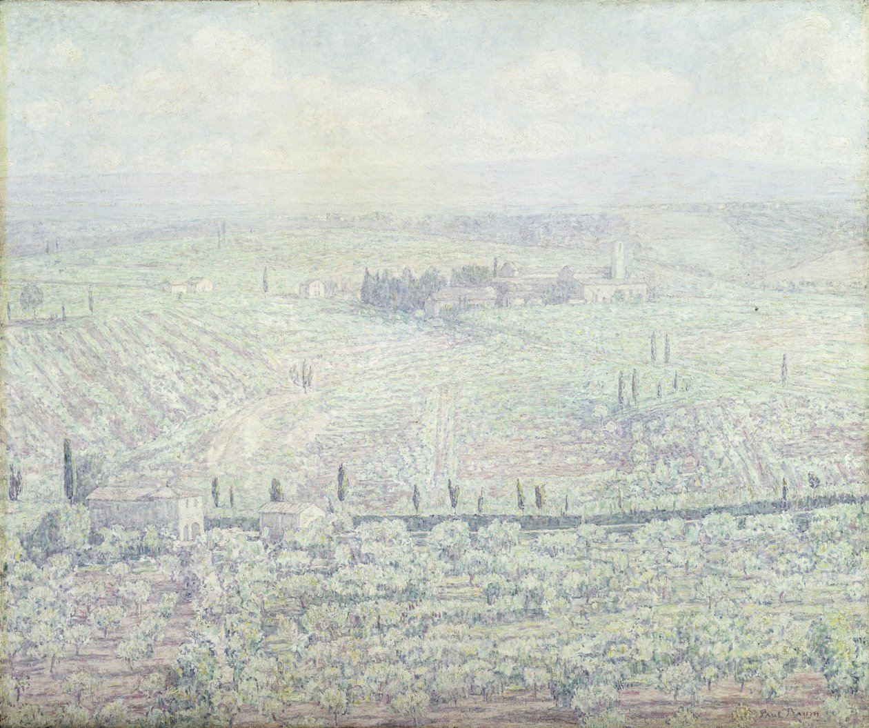Et kupert toskansk landskap om morgenen en solrik sommerdag, ca. 1930 av Paul Baum
