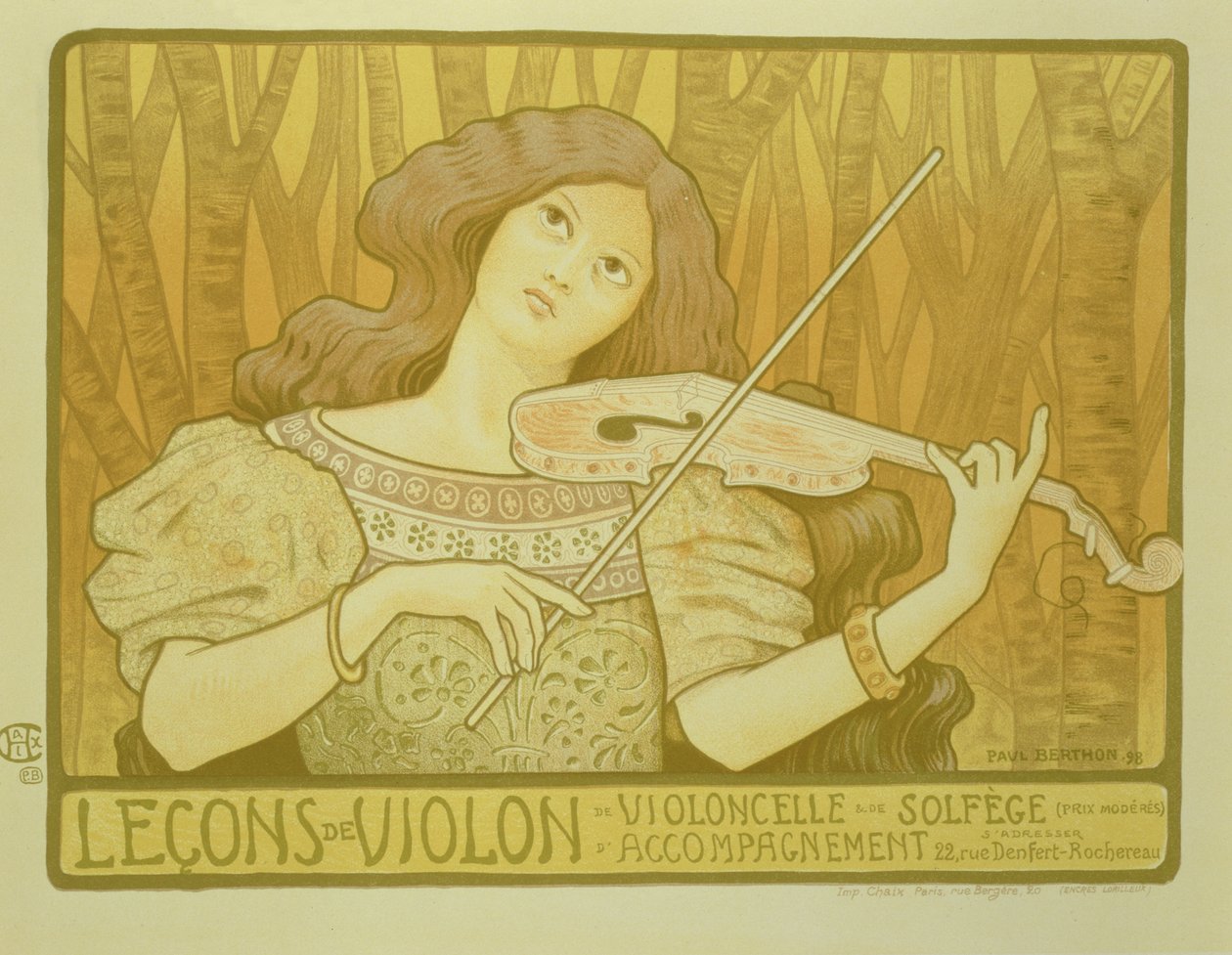 Reproduksjon av en plakat som reklamerer for "Fiolin Lessons", Rue Denfert-Rochereau, Paris, 1898 av Paul Berthon