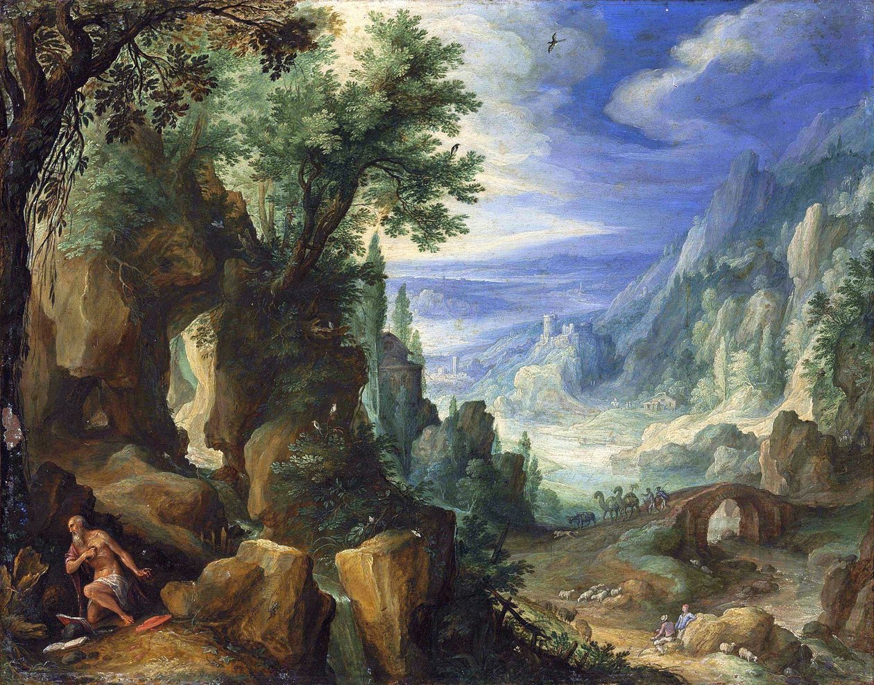 landskap med St. Jerome og steinete grus av Paul Brill