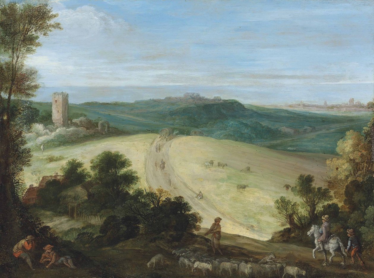 Et omfattende skogkledd landskap med en gjeter og flokken hans, et ødelagt tårn og en by utenfor av Paul Bril