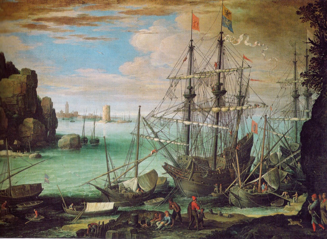 Kystlandskap med havn av Paul Bril