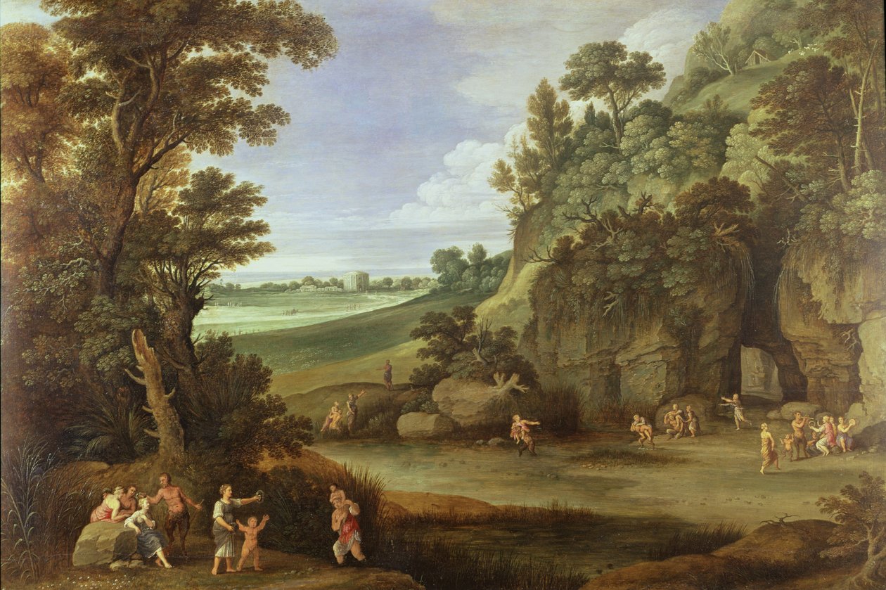Arkadisk landskap med satyrer og nymfer (panel) av Paul Bril