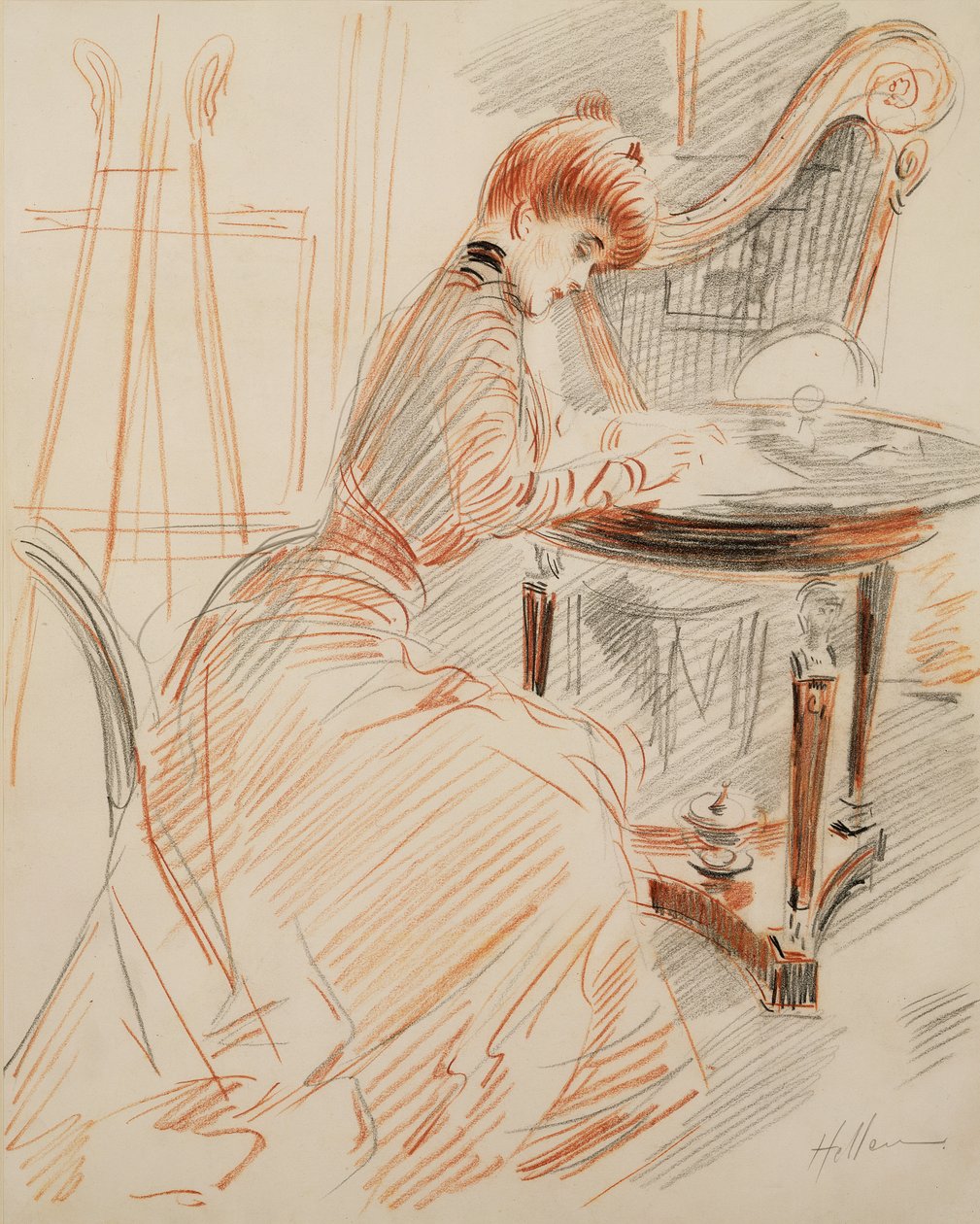Madame Helleu Writing (rød blyant og kull) av Paul Cesar Helleu