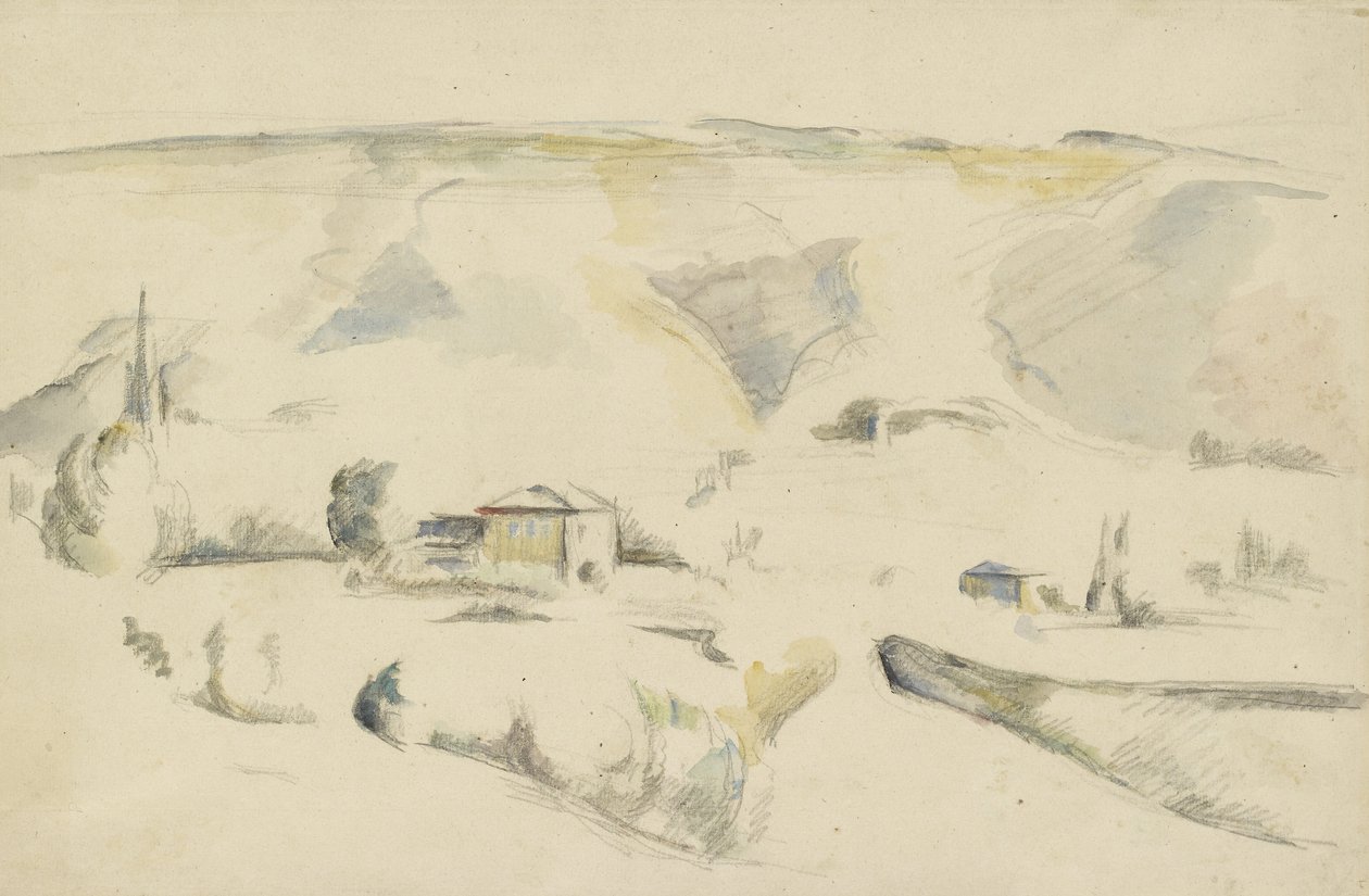 Recto: A View across a Valley (grafitt og akvarell på off-white papir) av Paul Cézanne