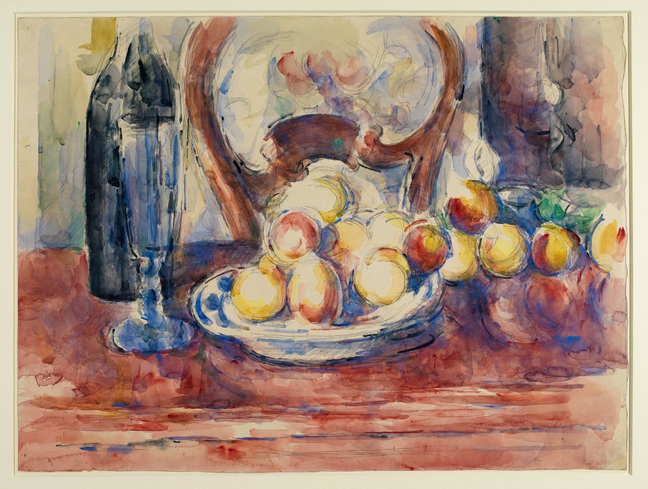 Stilleben med epler, flaske og stolrygg, 1800-tallet (blyant og gouache på papir) av Paul Cézanne