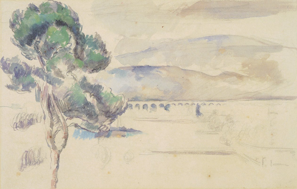 Arc -dalen med viadukt og furutre av Paul Cézanne