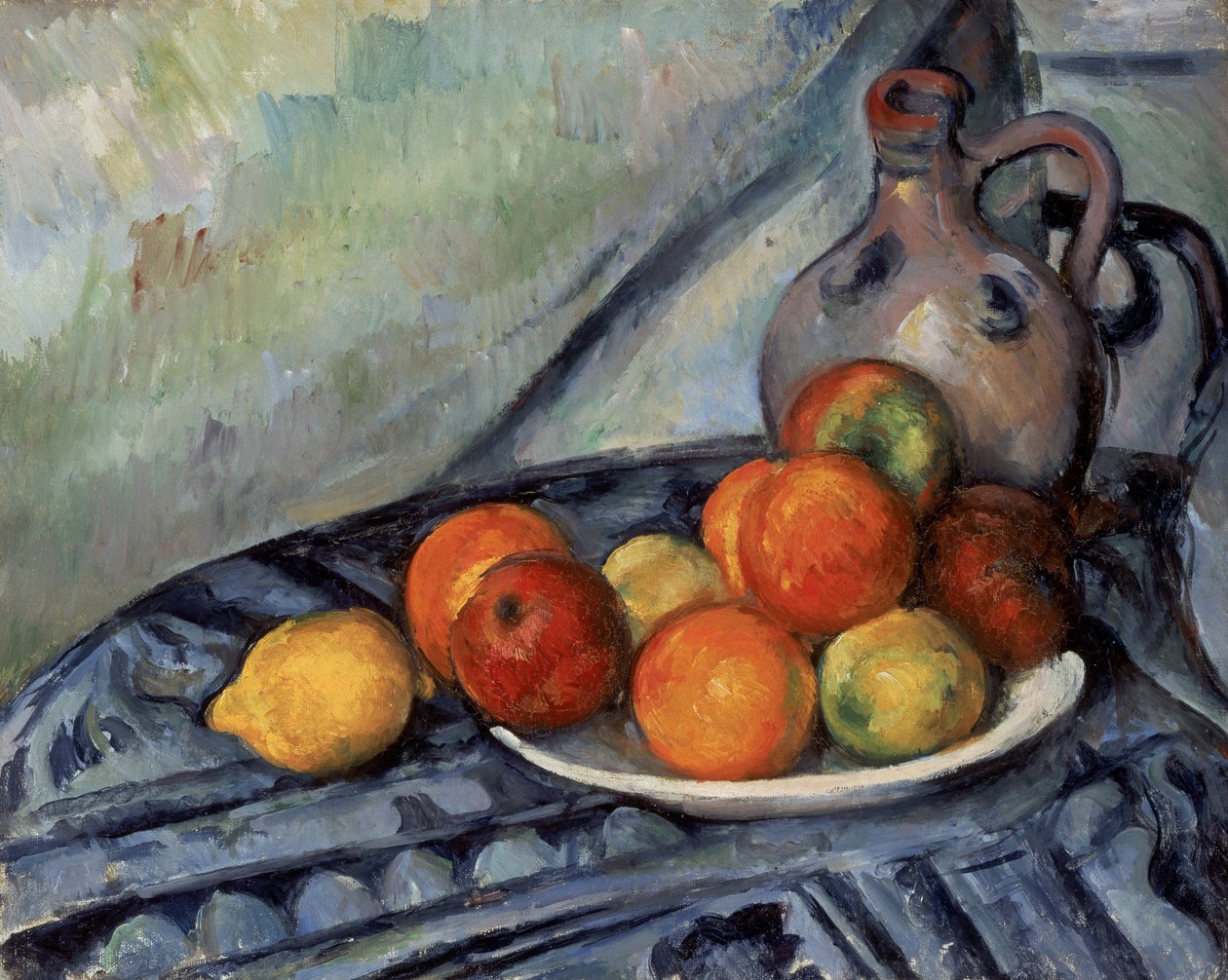 Frukt og en kanne på et bord av Paul Cézanne