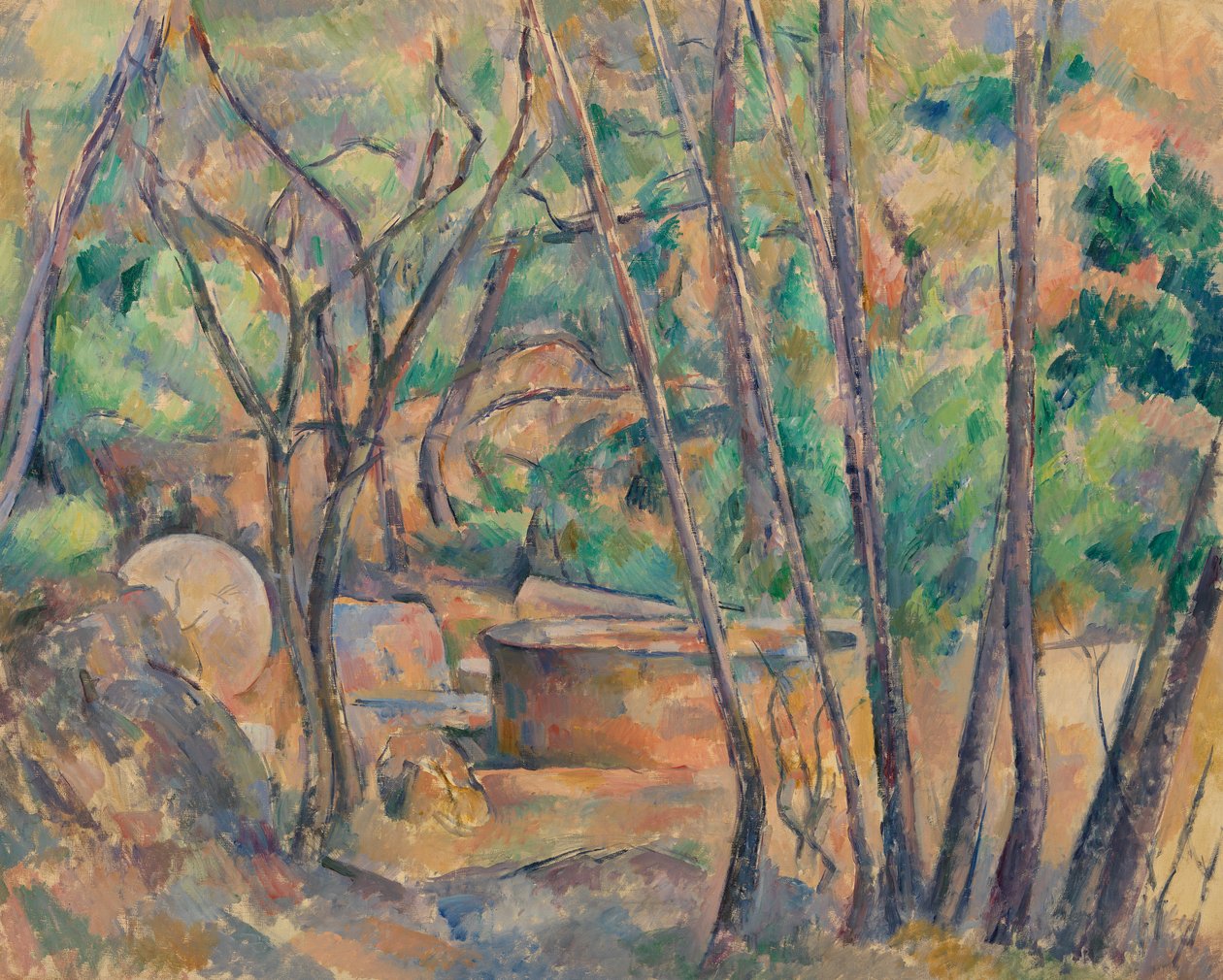Kvernstein og sisterne under trær, 1892-94 av Paul Cézanne