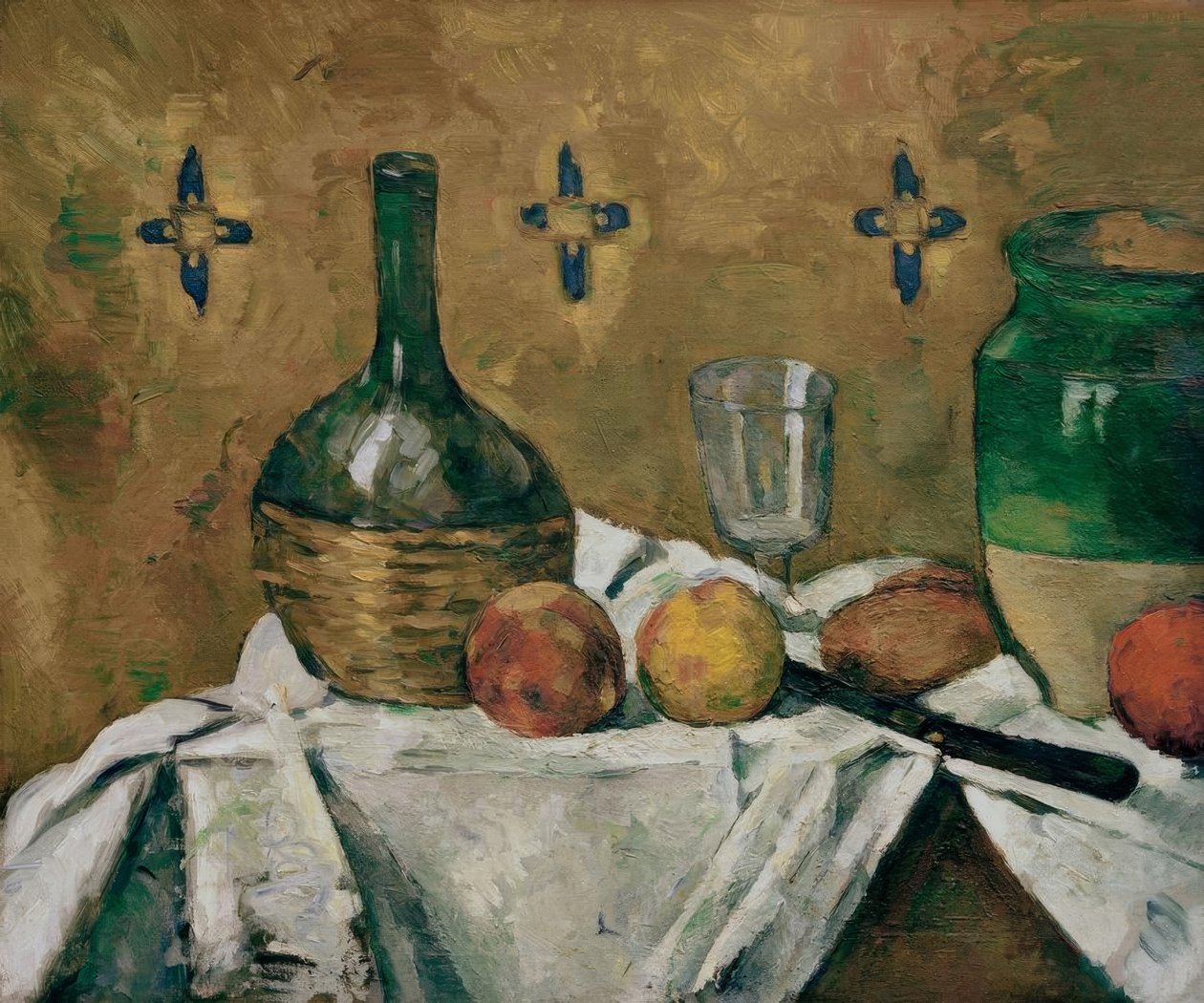 Stilleben: kolbe, glass og keramikk av Paul Cézanne