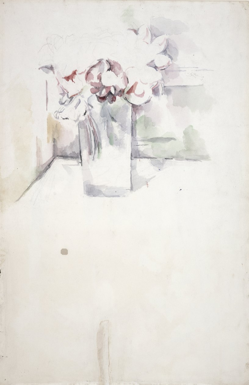PD.6-1966v Vase med blomster på en vinduskant, ca. 1890 (wc og kritt) av Paul Cézanne
