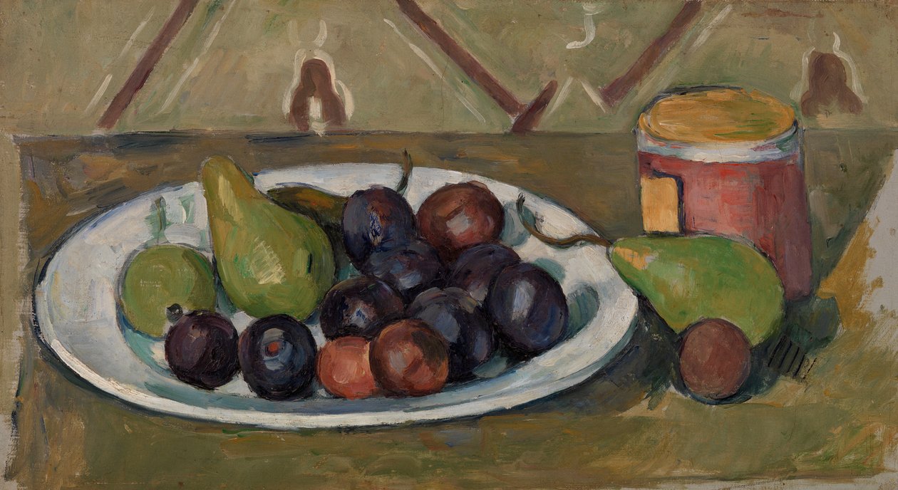 Tallerken med frukt og krukke med konserves, 1880-81 av Paul Cézanne