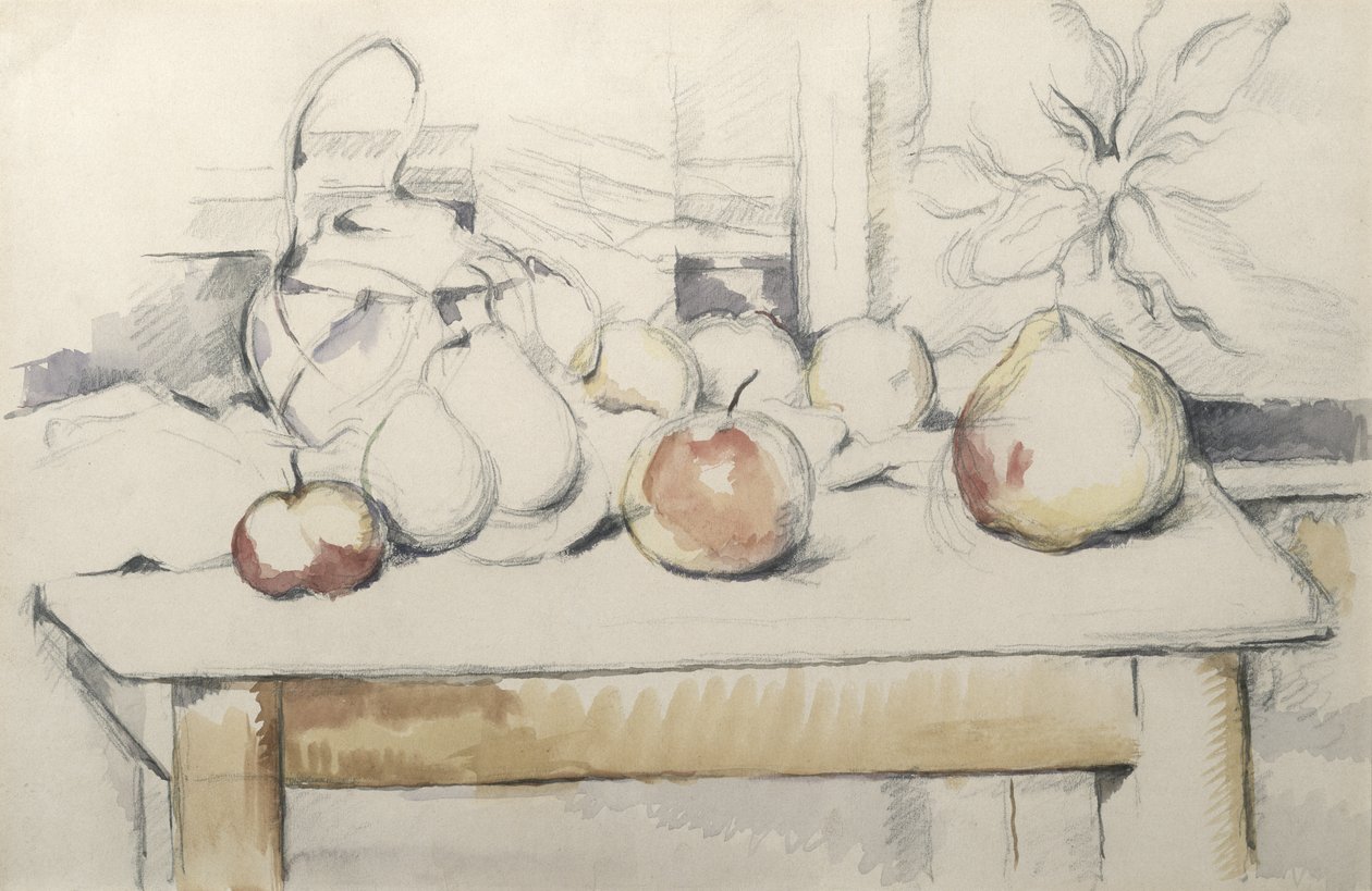 Gryte med ingefær og frukt på et bord, ca. 1888-90 (blyant og wc på papir) av Paul Cézanne