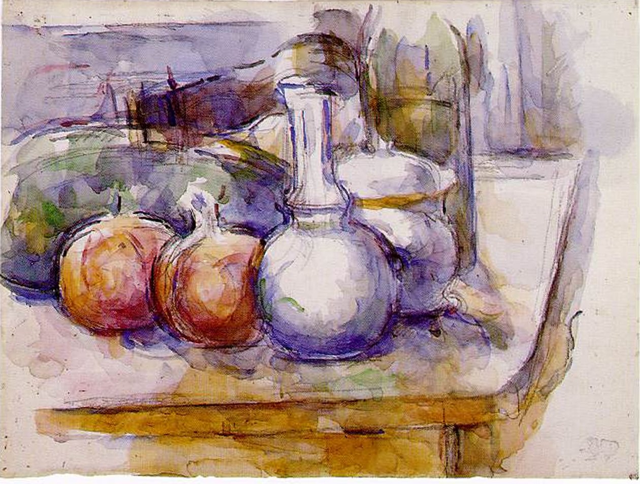 Stilleben: Karaffel, flaske, granatepler, vannmelon, 1900-06 (wc og svart kritt på papir) av Paul Cézanne