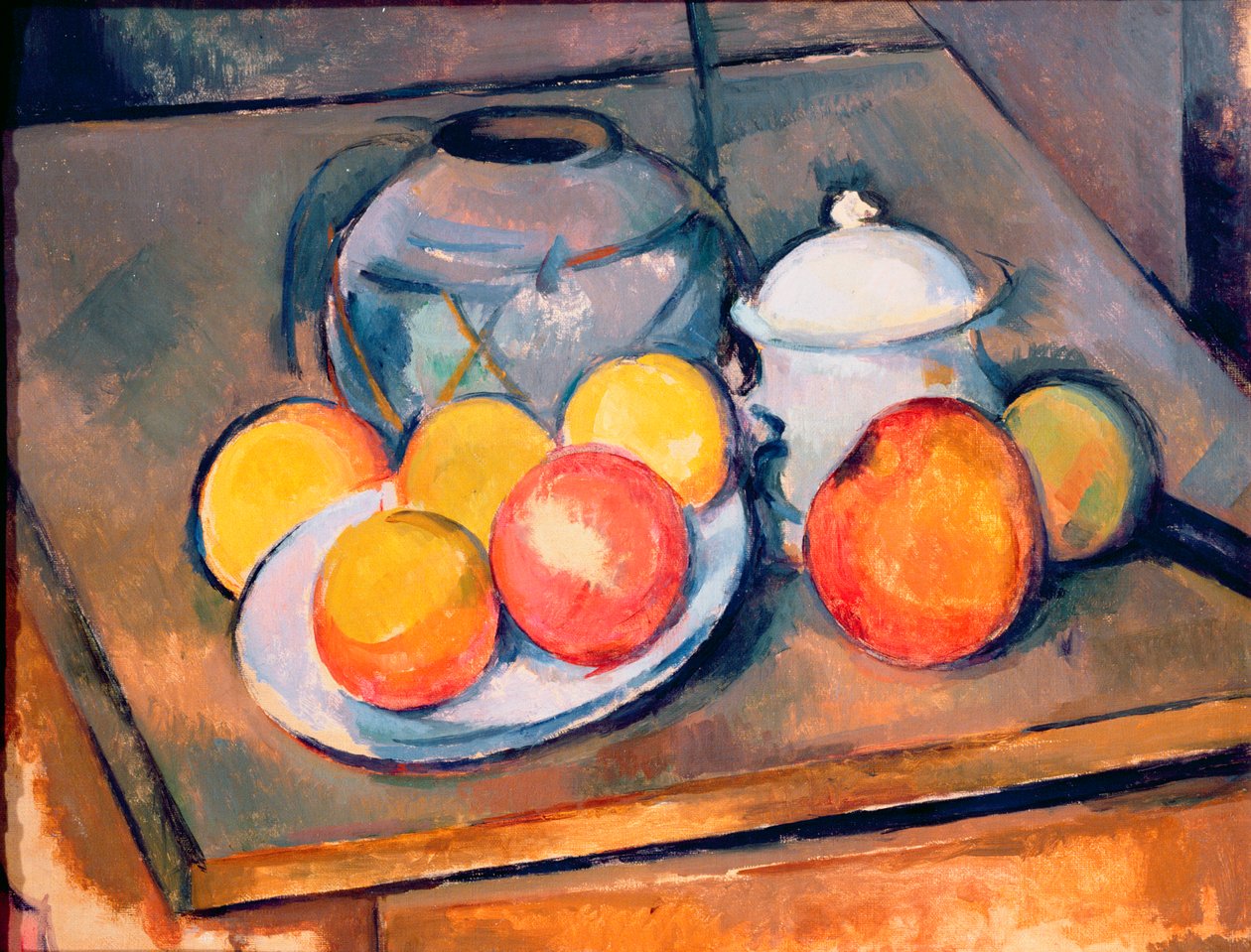 Halmkledd vase, sukkerskål og epler, 1890-93 (se også 287555) av Paul Cézanne