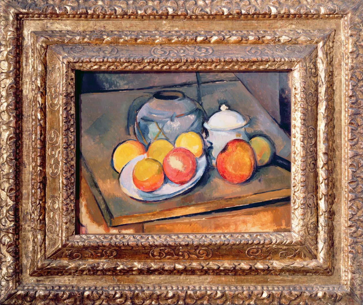 Halmkledd vase, sukkerskål og epler, 1890-93 (se også 393804) av Paul Cézanne