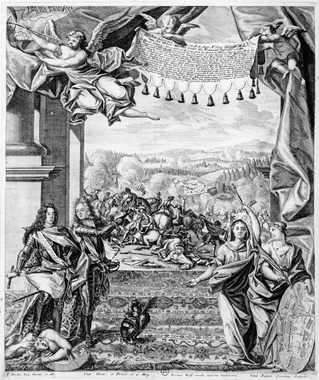 Slaget ved Malplaquet, 11. september 1709, gravert av Jeremias Wolff og Johann August Corninus (1683-1738) av Paul Decker