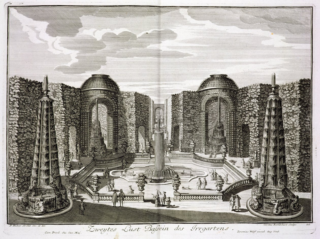 Fontenen i labyrinten ved Princely Pleasure Palace and Gardens, Berlin, gravert av Karl Remshard (1678-1735), publisert ca. 1711-16 av Paul Decker