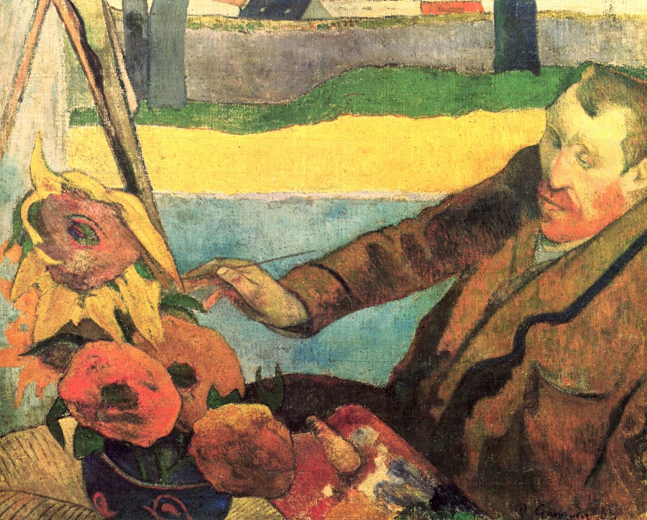 Portrett av Vincent van Gogh, som maler solsikker av Paul Gauguin