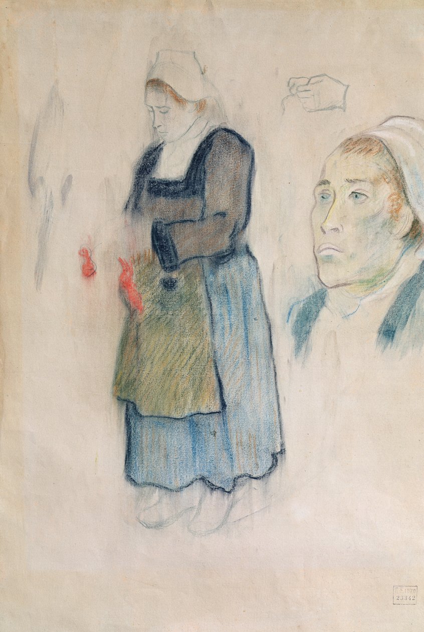 Studier av bretonske bønder, 1888 (rødt kritt, kull og pastell på beige papir) av Paul Gauguin