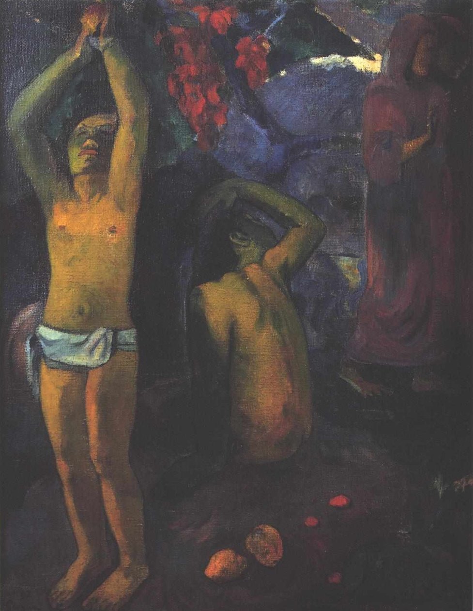Tahitisk mann med hevede armer av Paul Gauguin