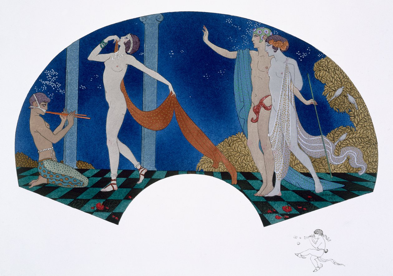 Viftedesign med klassisk bilde av Pan som spiller panorer og en danser og et par i et tre, fra 