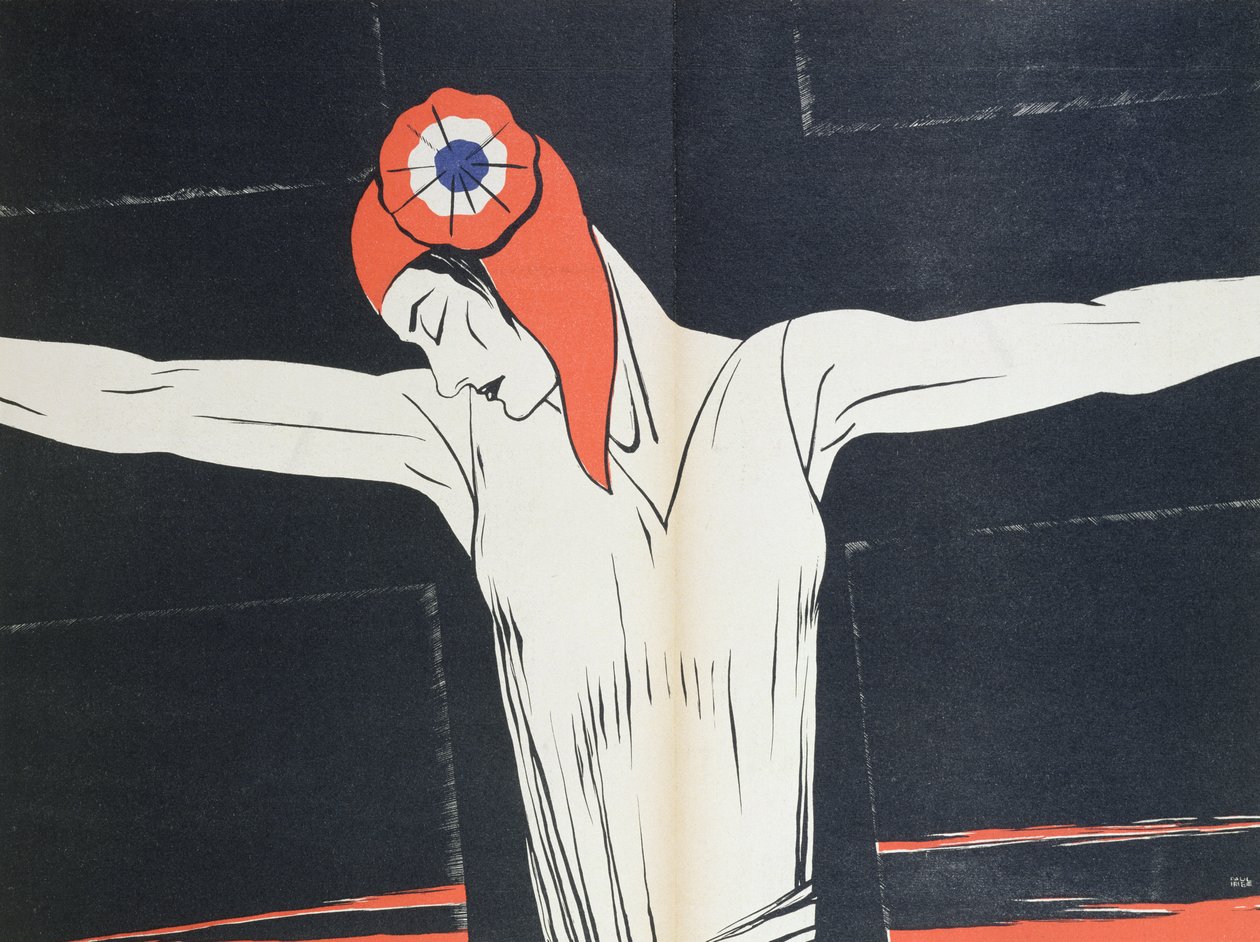 Marianne Crucified, illustrasjon fra 'Parlons Francais' av Paul Iribe (1883-1935), utgitt av Editions Floury, Paris 1934 av Paul Iribe