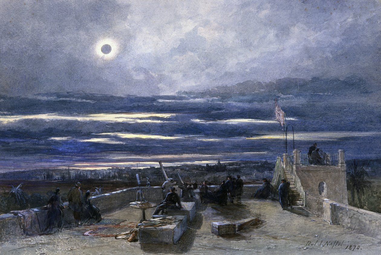 Total solformørkelse, Andalucia, Spania, 1870 (wc på papir) av Paul Jacob Naftel