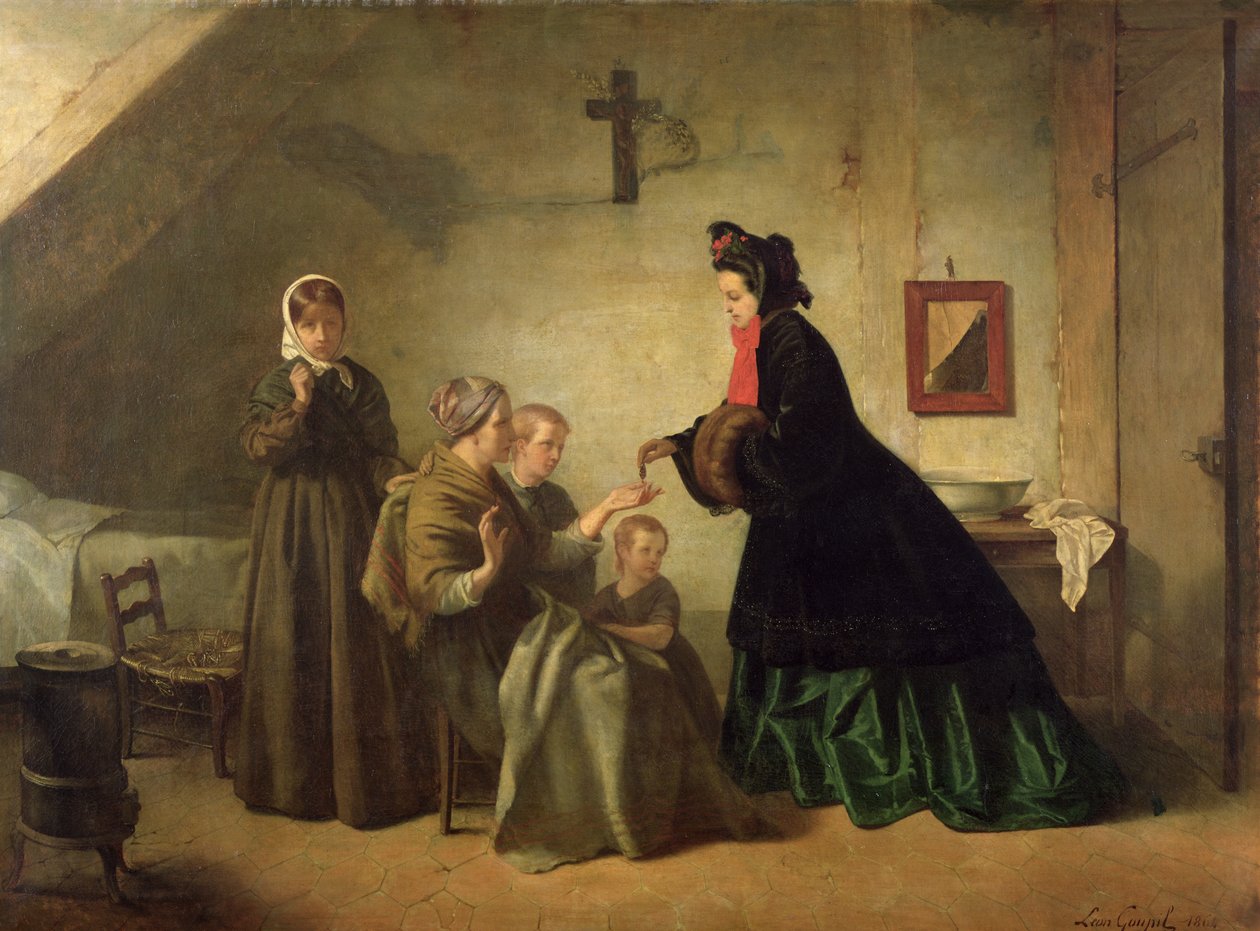 Keiserinne Eugenie (1826-1920) på besøk til de uheldige, 1864 av Paul Leon Lucien Gopil