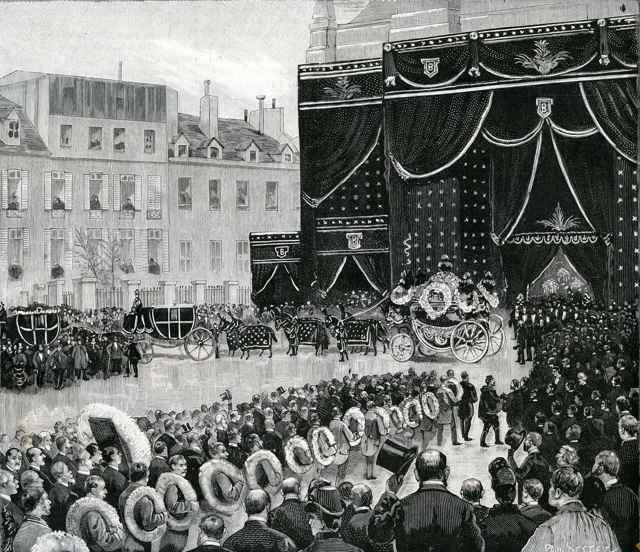 Ankomst av begravelsesprosesjonen til Marguerite Boucicaut ved kirken Saint-Thomas dAquin i Paris, 1887 av Paul Destez