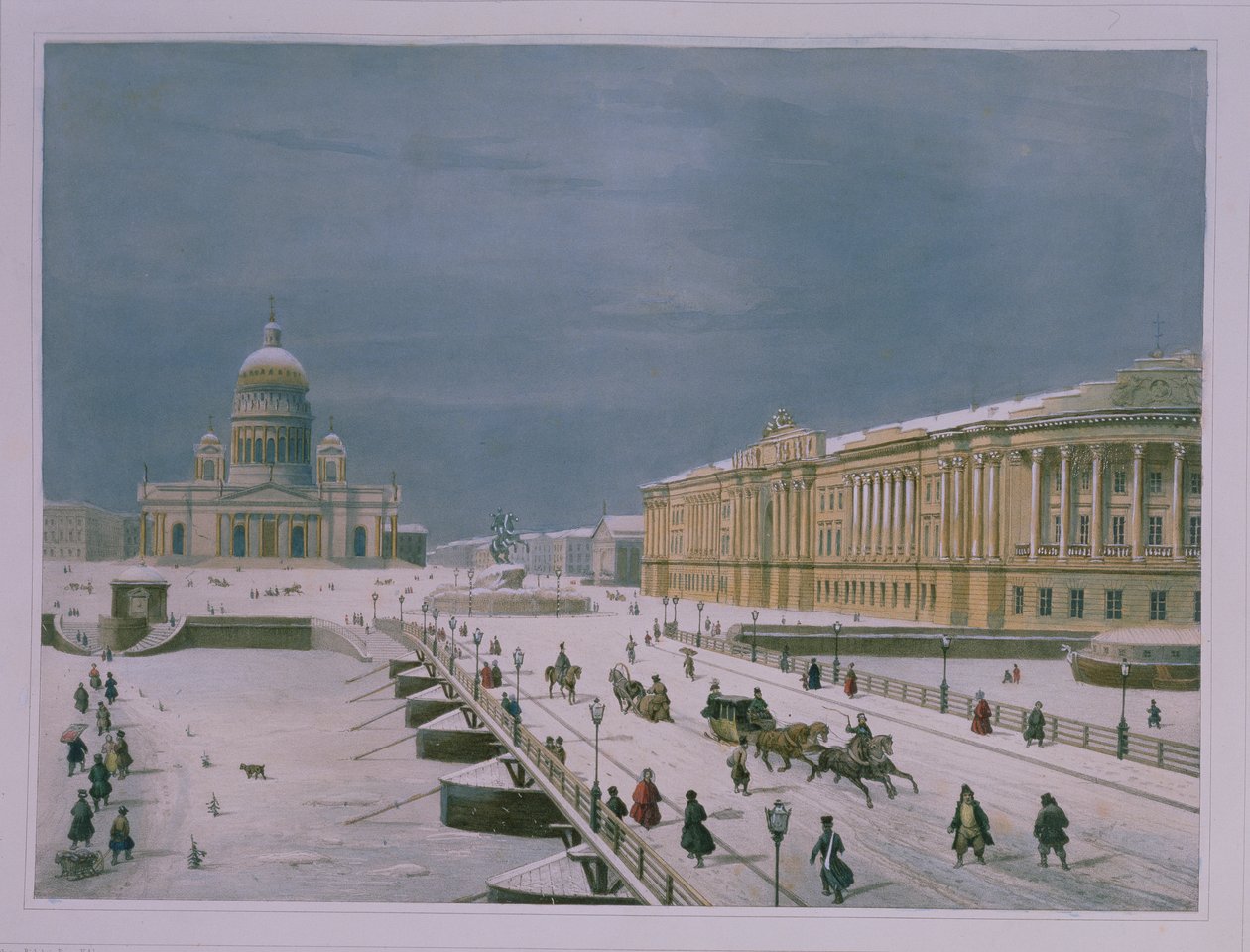 Isaac-katedralen og Senatsplassen i St. Petersburg, 1840-tallet (farge litho) av Paul Marie Roussel