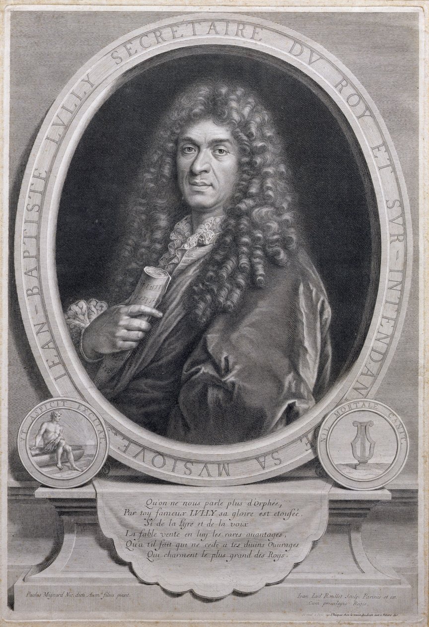 Portrett av Jean Baptiste Lully (1632–87), fransk komponist og operasjef, gravert av Jean Louis Roullet (1645–99) av Paul Mignard
